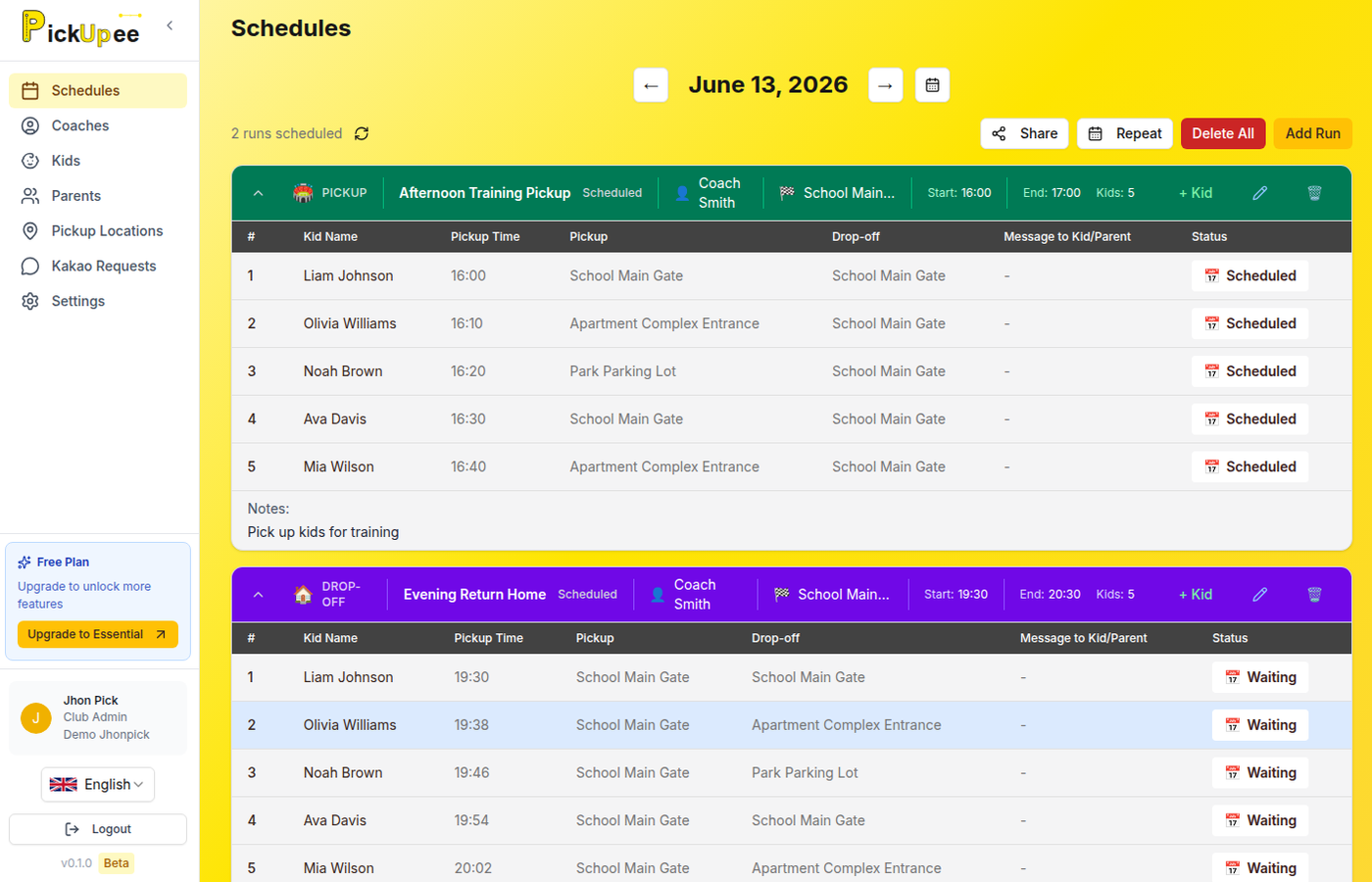 Pickupee club admin dashboard - Daily pickup schedule management