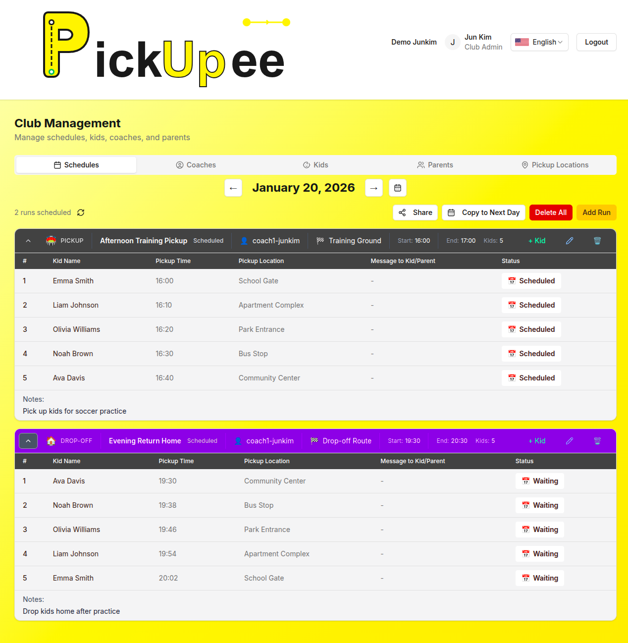 Pickupee club admin dashboard - Daily pickup schedule management